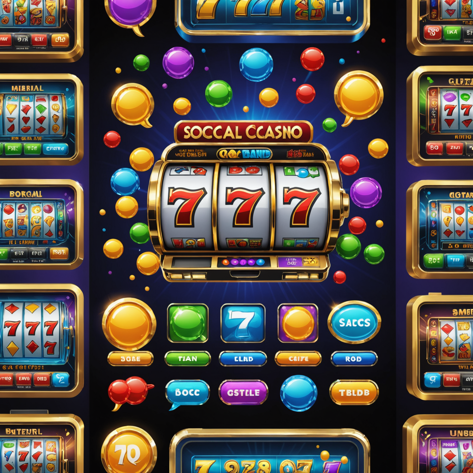 A digital representation of a virtual social casino interface, showing colorful slot machines and chat bubbles to represent social interaction