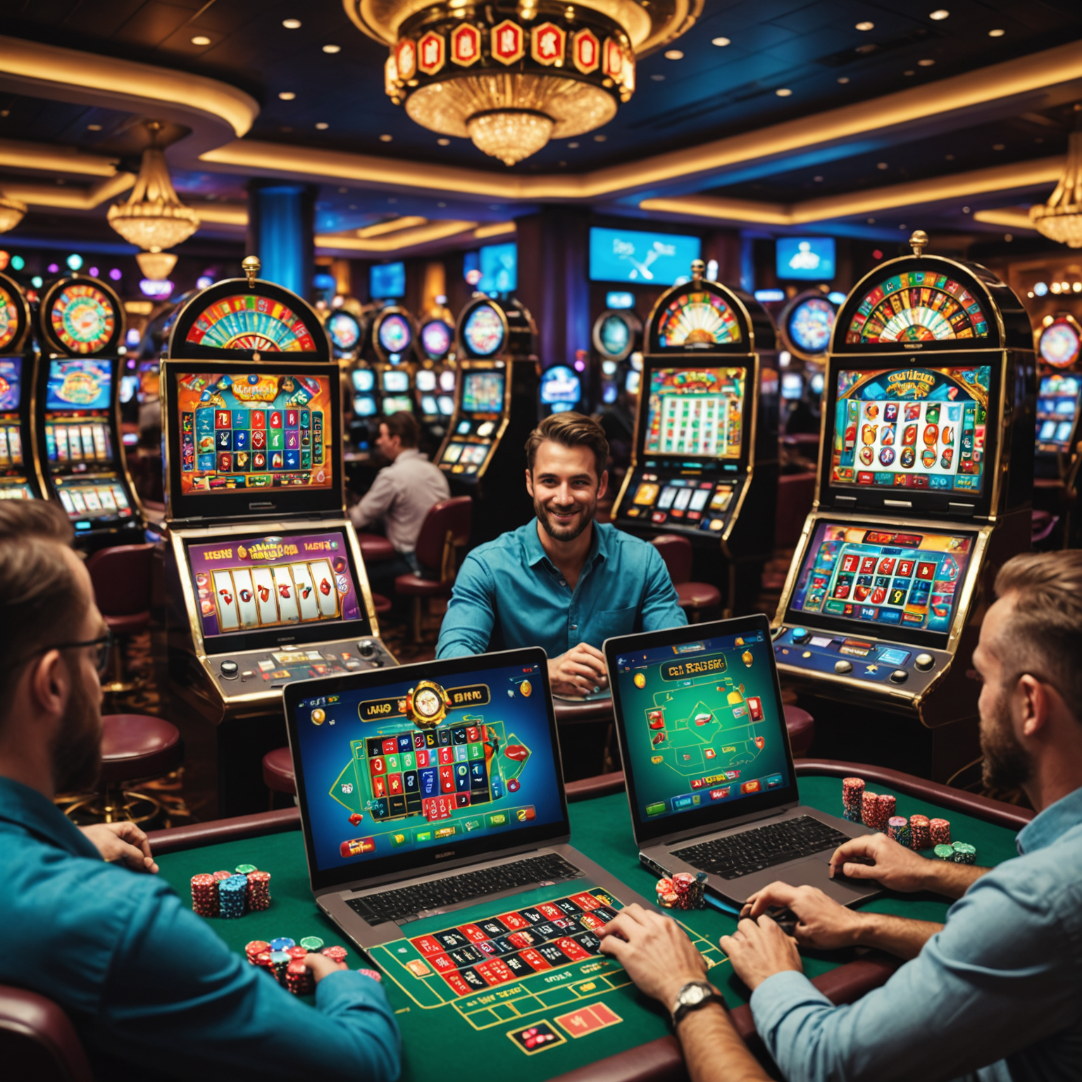 A group of diverse people enjoying virtual social casino games on various devices, including smartphones, tablets, and laptops. The image shows a vibrant, colorful interface of a virtual casino game on their screens, with animated slot machines, poker tables, and roulette wheels.