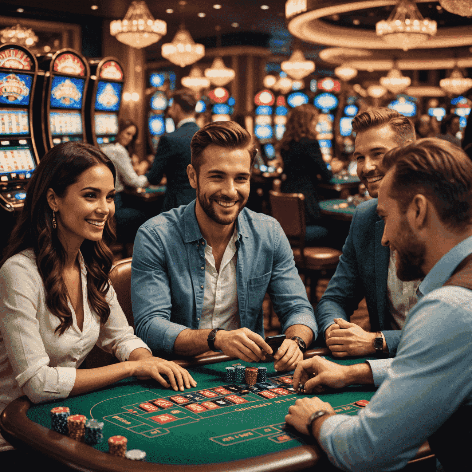 A group of diverse people interacting with virtual casino games on their devices, smiling and chatting with each other through video calls