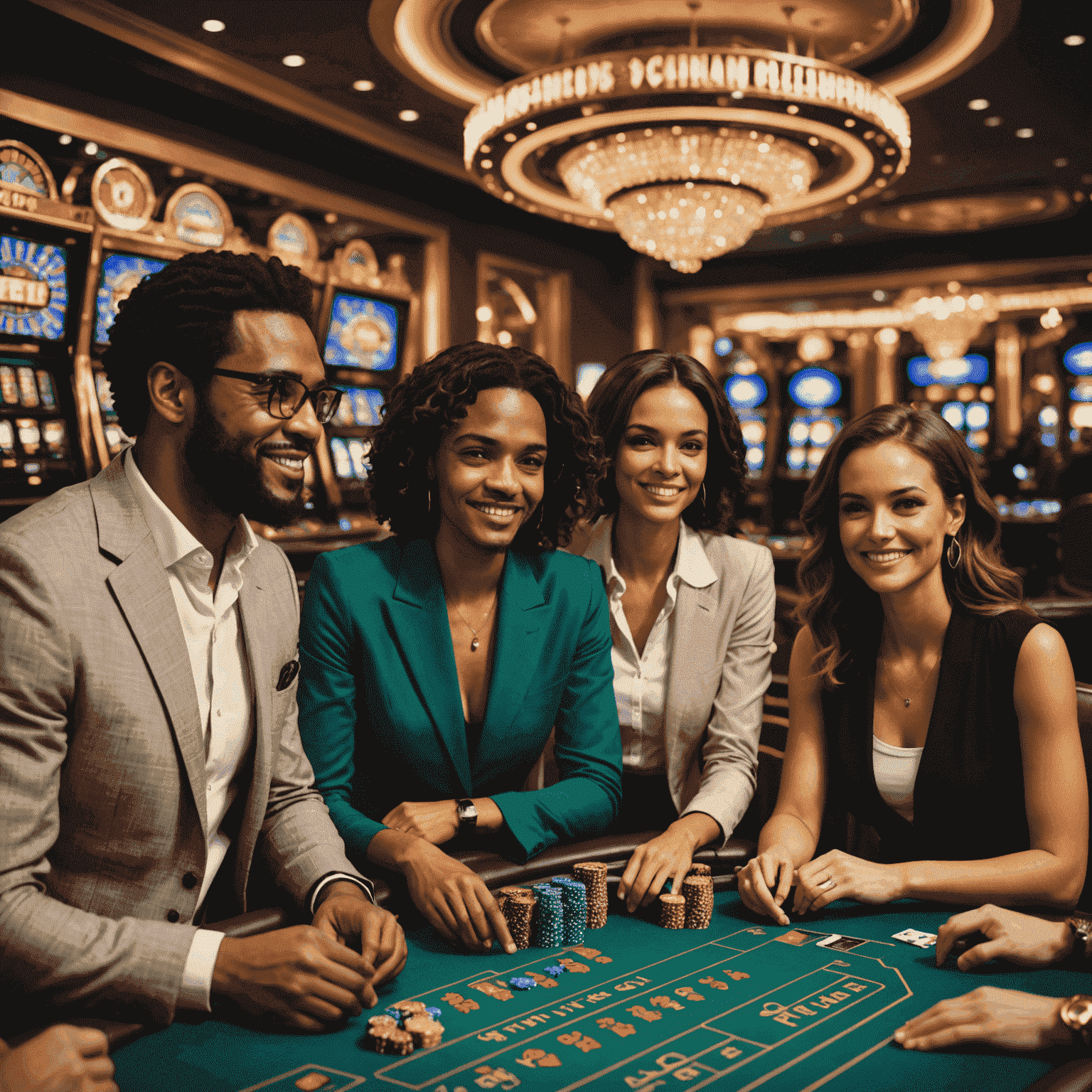 A group of diverse people enjoying virtual casino games responsibly, with visible safeguards and information panels