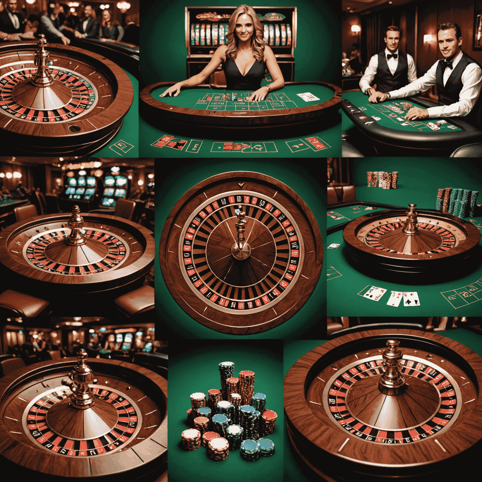 A collage of 5 popular virtual casino games, including poker, slots, and roulette, with Gambolux branding