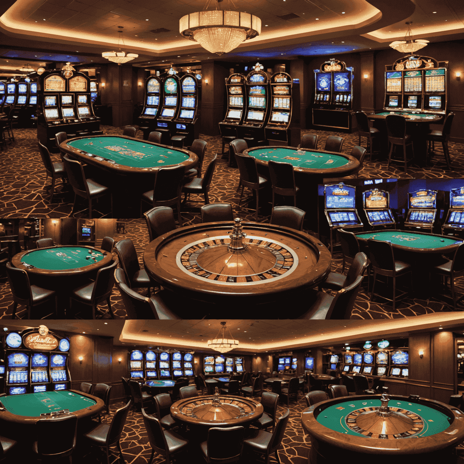 Collage of five popular casino games, including slots, poker, and roulette, showcasing Gambolux's top offerings