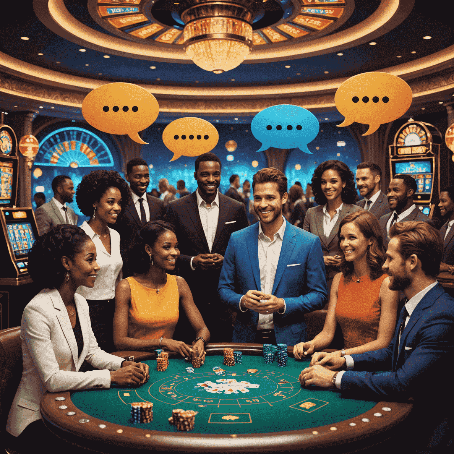 A diverse group of people interacting through avatars in a virtual casino setting, with chat bubbles and friendship icons