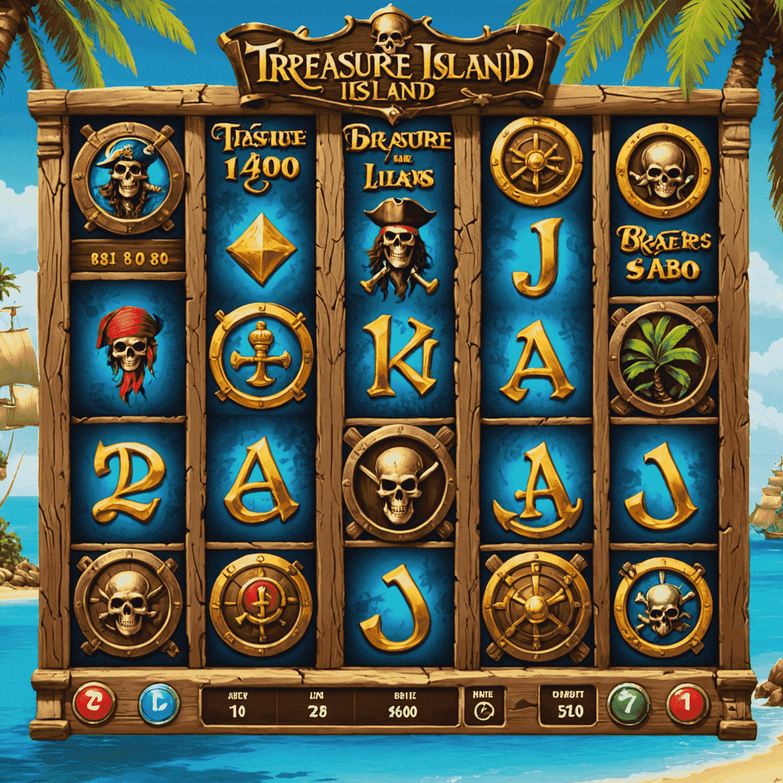 Treasure Island Slots game screen with pirate-themed symbols and multiple paylines